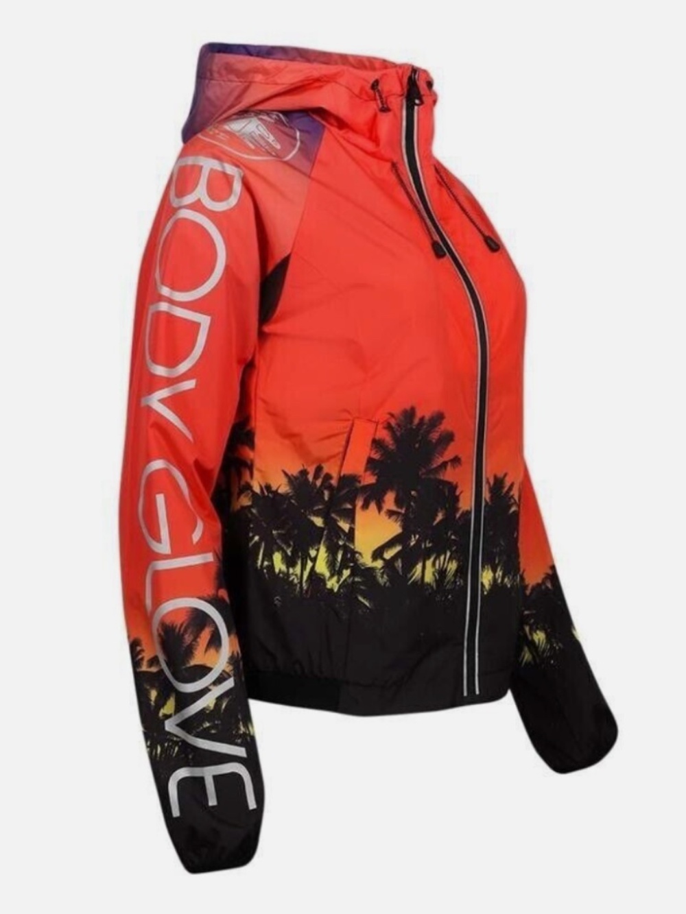 NEW Body Glove Vibrant Sunset Palm Tree Print Hooded Windbreaker Light Jacket XS